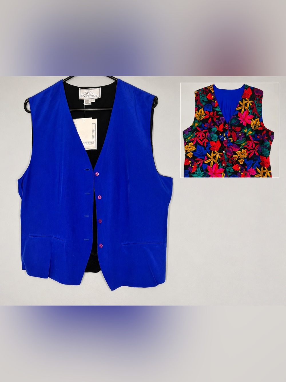 Vintage Reversible Silk Floral Royal Blue Vest Large QVC Silk Boutique